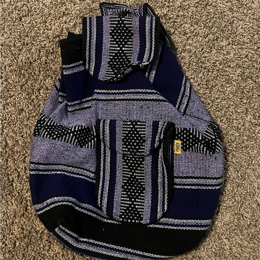 Black and Purple Backpack with Geometric Pattern